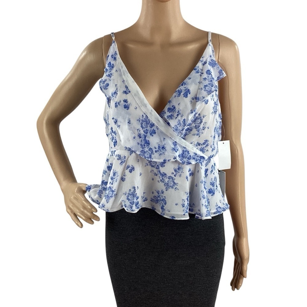 1.STATE Fleur Floral Peplum Wrap Cami Top L Blue White